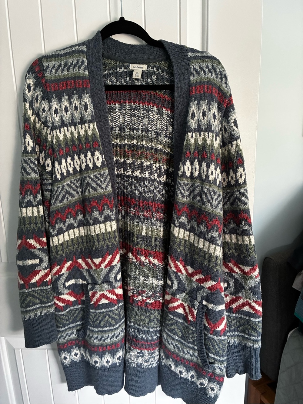 L.L. Bean Women’s Fair Isle Open Cardigan in Gray, Red, White, Green